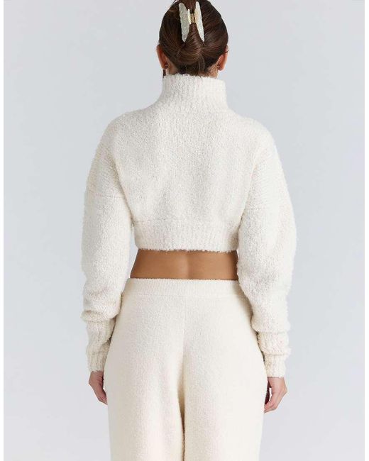 House Of Cb White Cheyenne Ivory Cropped Chunky Boucle Wool Knit Sweater