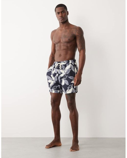 Threadbare Blue Drawstring Waist Swim Shorts With Leaf Print for men
