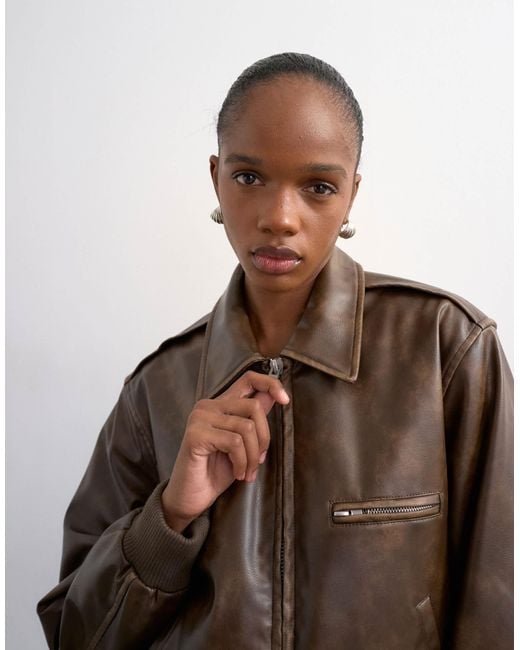 TOPSHOP Natural Leather Look Centre Front Zip Through Jacket