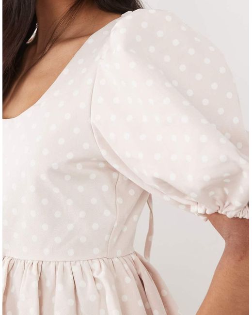 Sister Jane Natural Denim Polka Dot Puff Sleeve Bubble Hem Mini Dress
