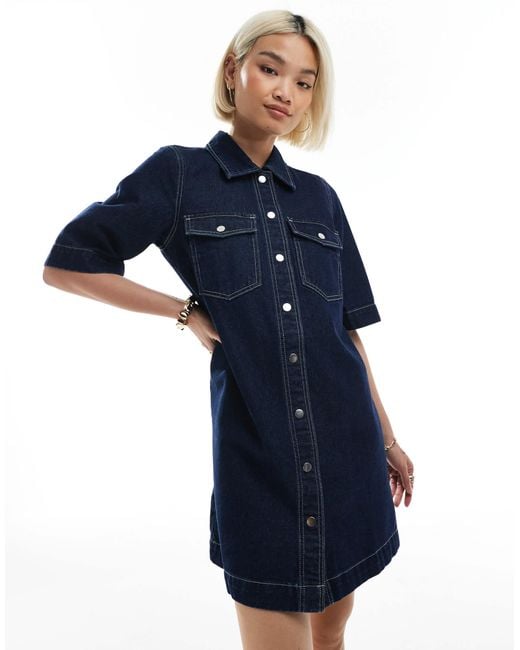 Vero Moda Blue Oversized Button Front Short Sleeve Denim Dress