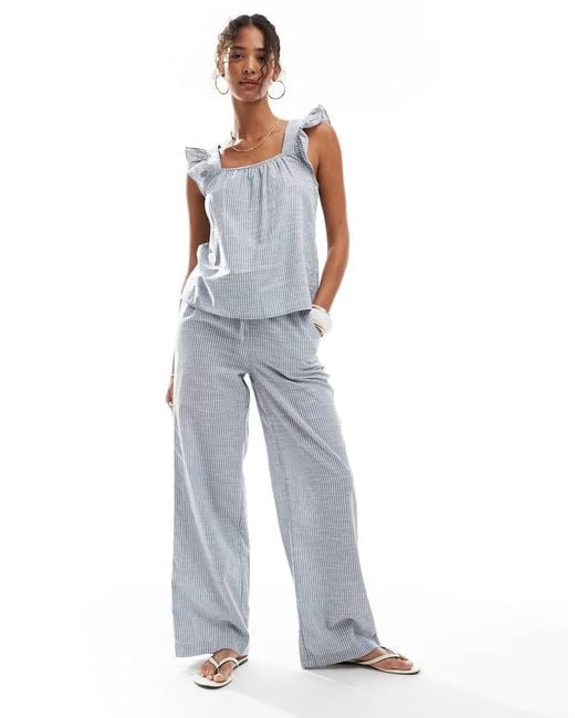 Pantalones Azules A Rayas De Pernera Ancha Con Lazada En La Cintura De Algodón Mix & Match De Pieces de color Blue