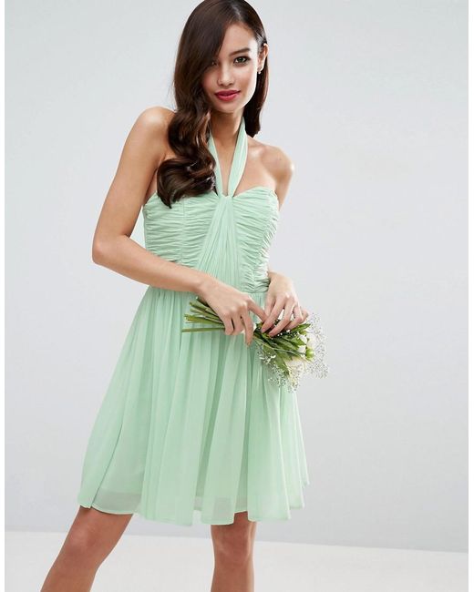 ASOS Green Design Bridesmaid Ruched Halter Mini Dress