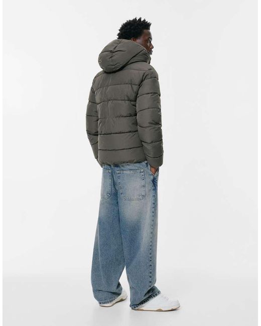 Pull&Bear Gray Lightweight Hooded Puffer Jacket for men
