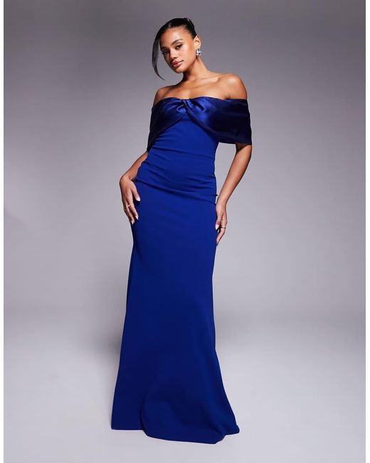 Goddiva Blue Twist Knot Satin & Scuba Bardot Maxi Dress