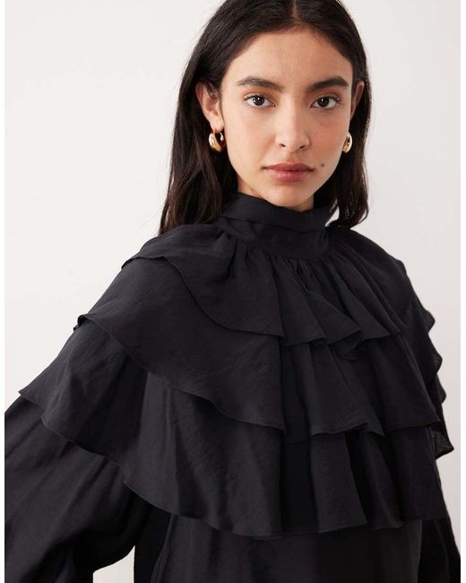 Glamorous Black Boho Ruffle High Neck Blouse