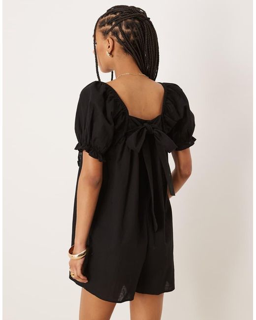 ASOS Babydoll Playsuit Van Linnenmix Met Pofmouwen En Strik Achter in het Black