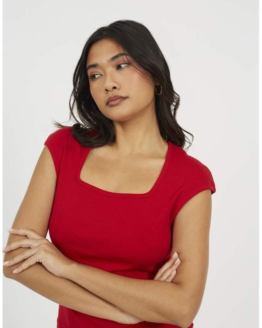 Brave Soul Red Square Neck Short Sleeve T-Shirt