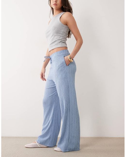 New Look Blue Crinkle Stripe Wide Leg Trousers