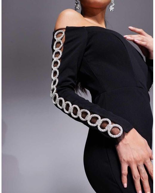Goddiva Blue Embellished Diamante Sleeve Bardot Maxi Dress