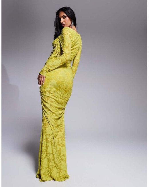 ASOS Maxi-Jurk Van Devoré Met Lange Mouwen En Rimpeleffect in het Yellow