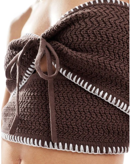 4th & Reckless Brown Knitted Contrast Stitch Cut Out Bandeau Beach Top Co-ord