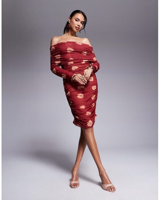 Never Fully Dressed Red Bardot Ruched Heart Print Mesh Mini Dress