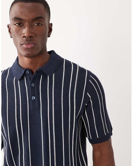 Threadbare Blue Knit Short Sleeve Pinstripe Polo Shirt for men