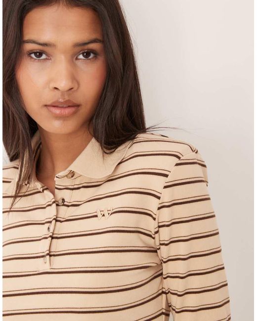 Wanderdoll Natural Frankie Premium Heavyweight Jersey Contrast Collar Long Sleeve Polo Top