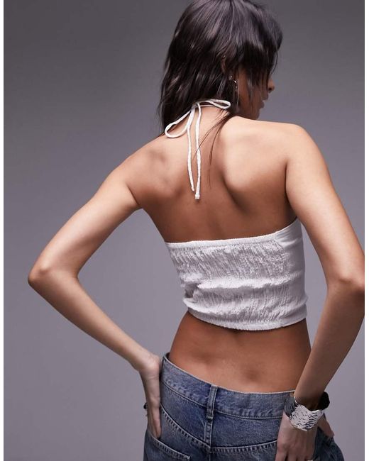 TOPSHOP Gray Textured Ruched Cutout Halter Top