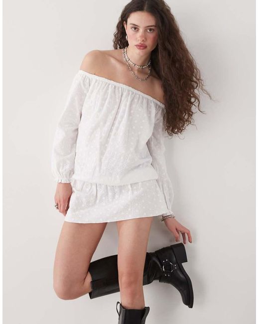 Motel White Melisandre Broderie Off-shoulder Mini Smock Dress