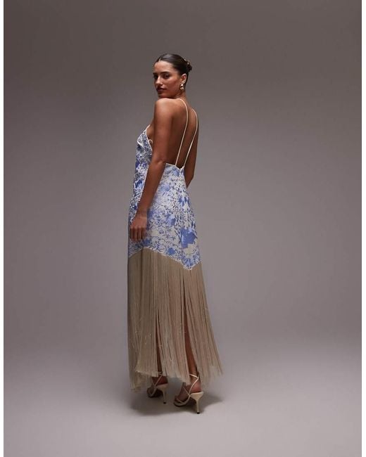mango scoop neck satin dress with fringed hem in brown Satin dress with fringed bandana
