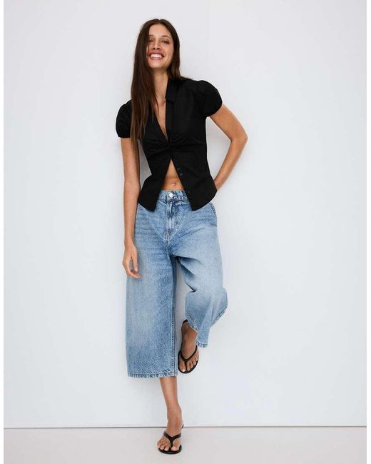 Bershka Black Short Sleeve Poplin Shirt With Bow
