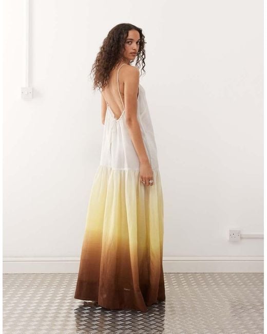 Monki Natural Crinkled Tiered Floaty Maxi Dress With Low Tie Back Detail