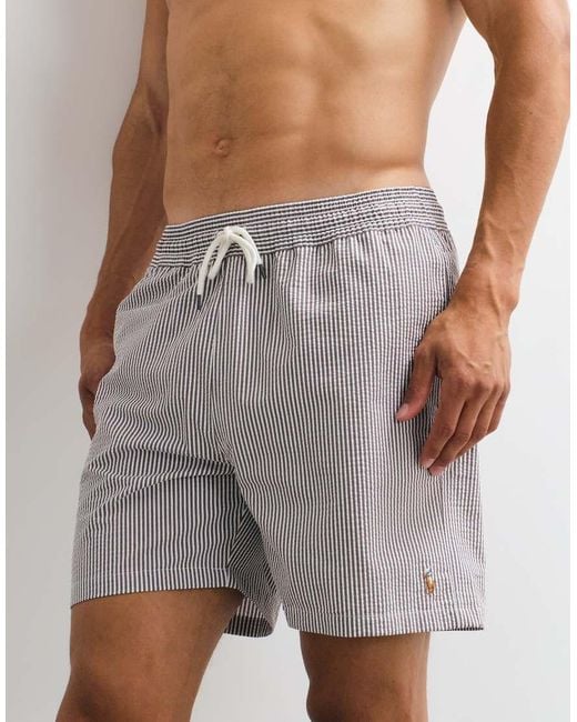 Polo Ralph Lauren Gray Traveller Striped Seersucker Swim Trunks for men