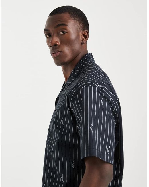 Lacoste Blue All-Over Croc Print Stripe Short Sleeve Resort Shirt for men