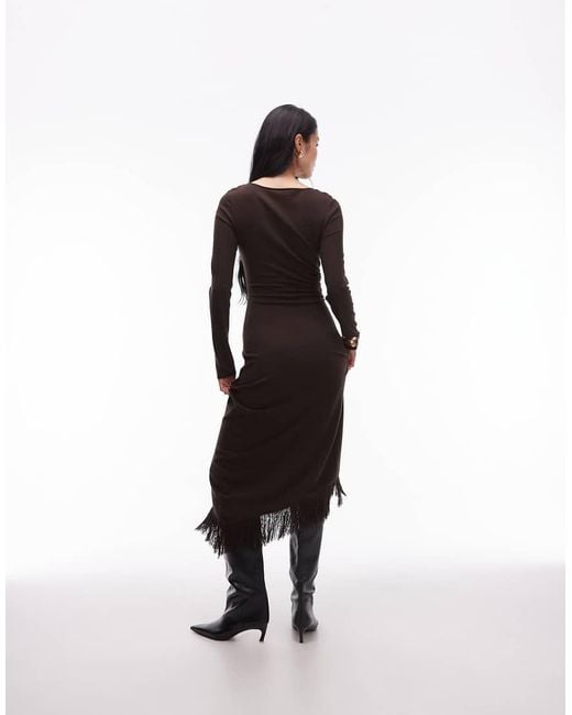 & Other Stories Brown Midaxi Dress With Fringe Wrap Asymmetric Hem