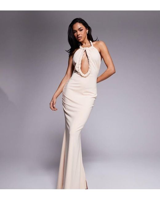 Murci Purple Exclusive Double Layered Slinky Rope Trim Keyhole Detail Halterneck Maxi Dress
