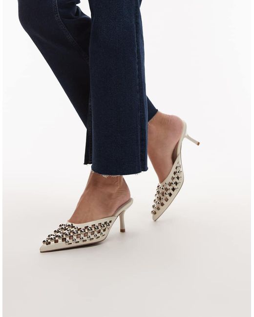 ASOS Blue Sia Embellished Cut Out Detail Kitten Heel Mules