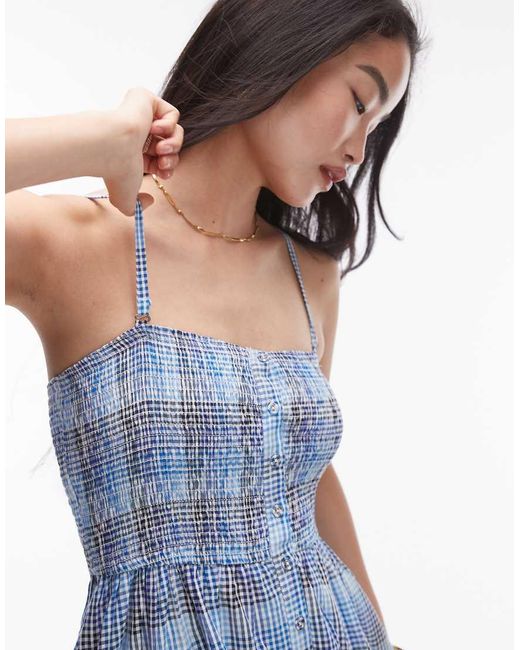 TOPSHOP Seersucker Check Shirred Midi Dress in Blue Lyst UK