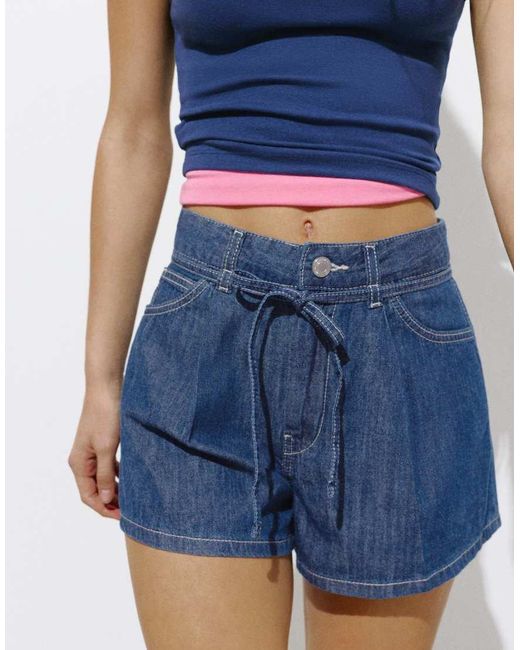 Pull&Bear Blue Denim Shorts With Darts And Belt