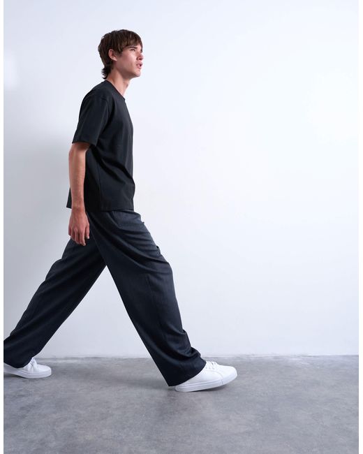 Topman Blue Wide Leg Pleated Stripe Trouser for men