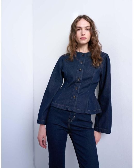 TOPSHOP Blue Denim Peplum Long Sleeve Top
