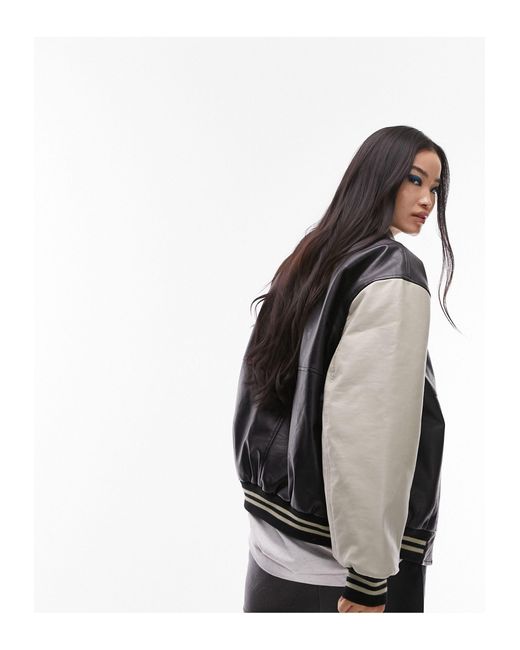 Faux Leather Varsity Contrast Sleeve Bomber Jacket in Black Lyst