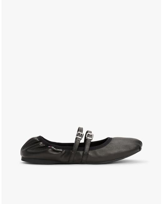 Tommy Hilfiger Black Leather Buckle Strap Ballerinas