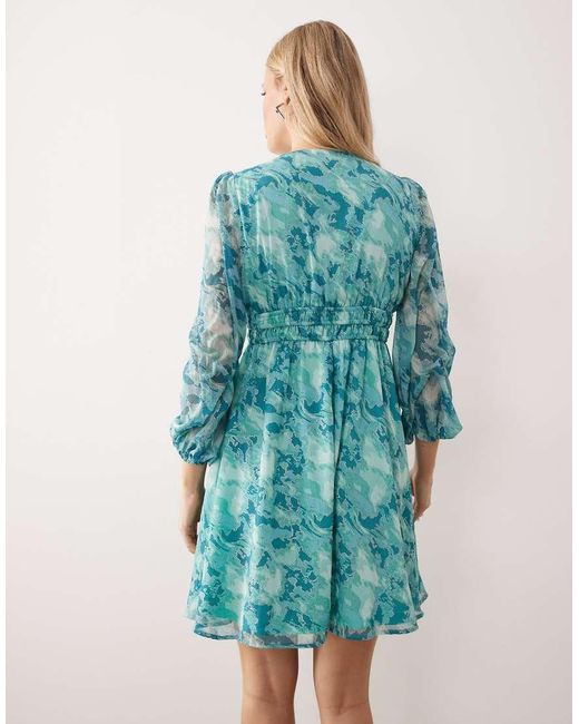 Lovedrobe Blue Long Sleeve Shirred Empire Waist Mini Dress