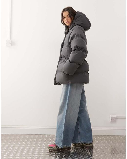 Weekday Gray Cinched Puffer Coat With Detachable Hood