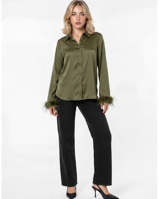 Lovedrobe Green Feather Cuff Satin Shirt