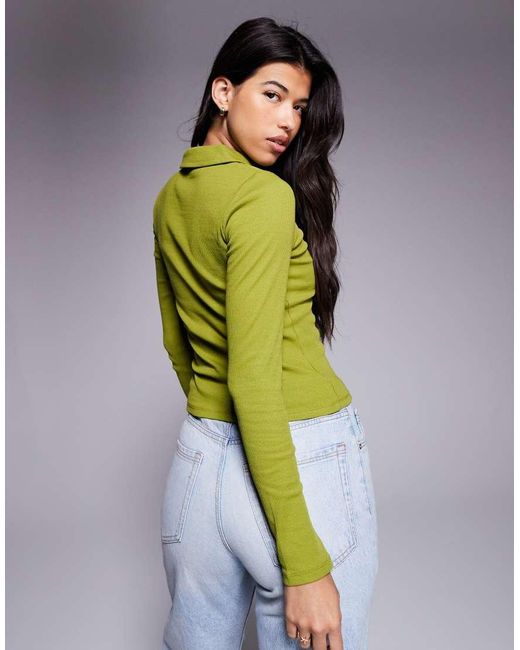 ASOS Green Cotton Rib Polo Long Sleeve Top