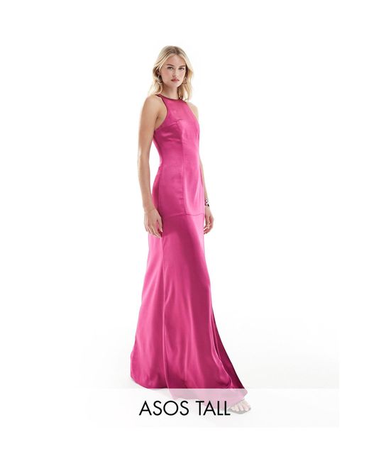 ASOS Pink Asos Design Tall Satin Racer Neck Seam Detail Maxi Dress