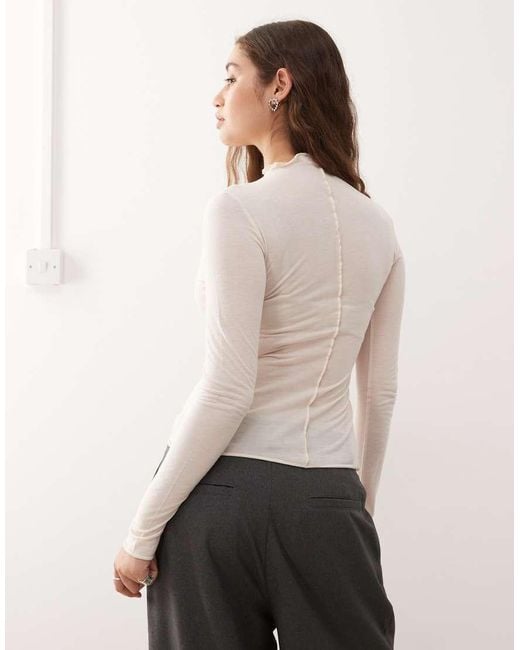 Monki Natural Long Sleeve Sheer T-shirt With Front Seam Detail