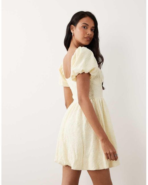 Gina Tricot Natural Puff Short Sleeve Flower Embroidered Mini Dress