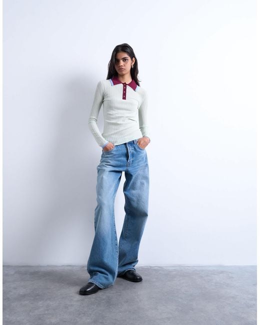 TOPSHOP White Knitted Contrast Collar Sheer Rib Polo