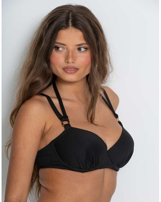 Pour Moi Black Hawaii Textured Double Strap Underwired Padded Halter Bikini Top