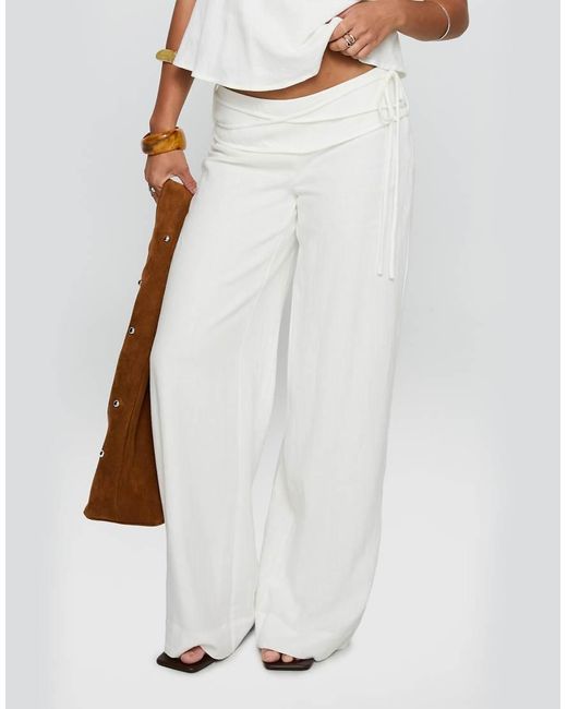 Princess Polly White Silver Moon Linen Blend Tie Waist Detail Wide Leg Pants