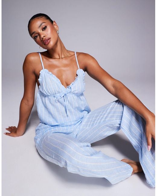 Boux Avenue Blue Linen Mix Striped Cami & Pants Set