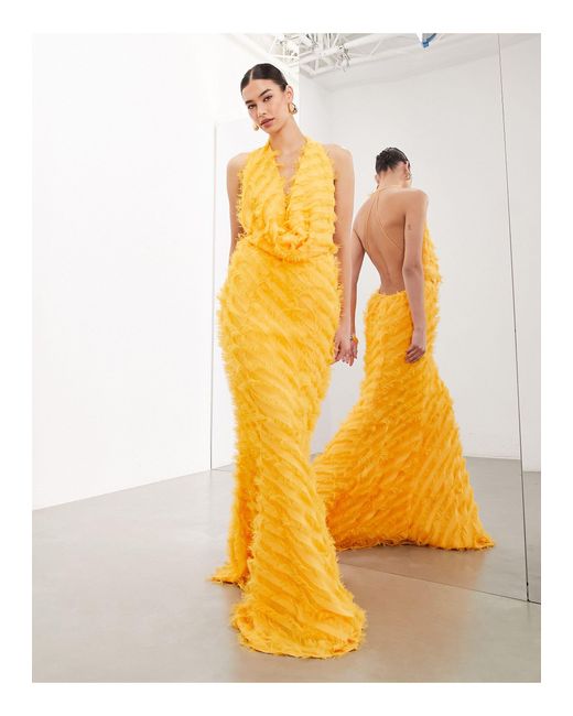 ASOS Yellow Textured Statement Cowl Neck Maxi Dress