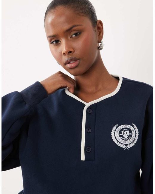 GOOD AMERICAN Blue Brushed Fleece Long Sleeve Henley Top