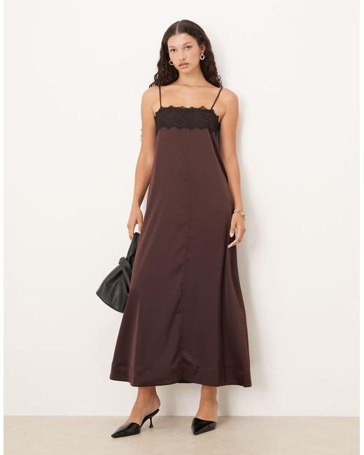 ASOS Brown Lace Overlay Cami Satin Slip Maxi Dress