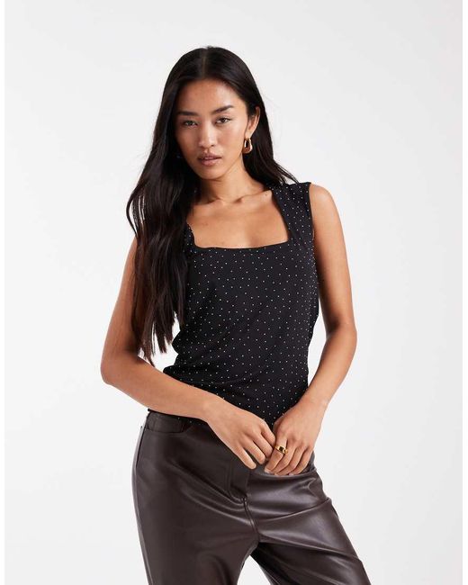 Vero Moda Black Reversible Square Neck Slinky Top With All-over Diamante Embellishment